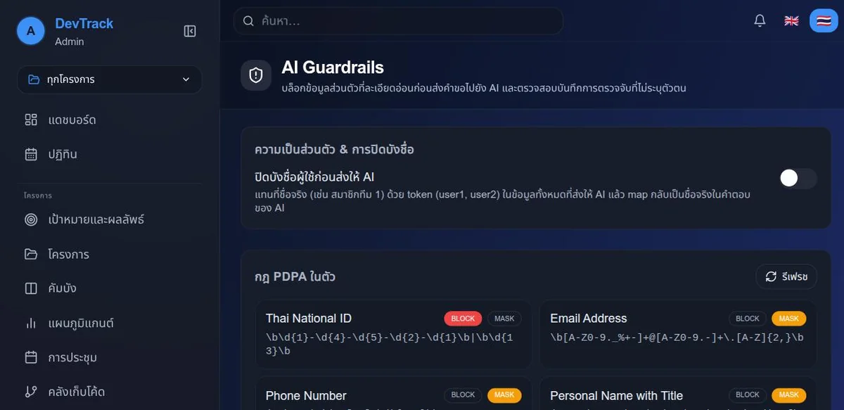 หน้า AI Guardrails แสดงกฎ PDPA สำหรับบล็อกและปิดบังข้อมูลส่วนบุคคล